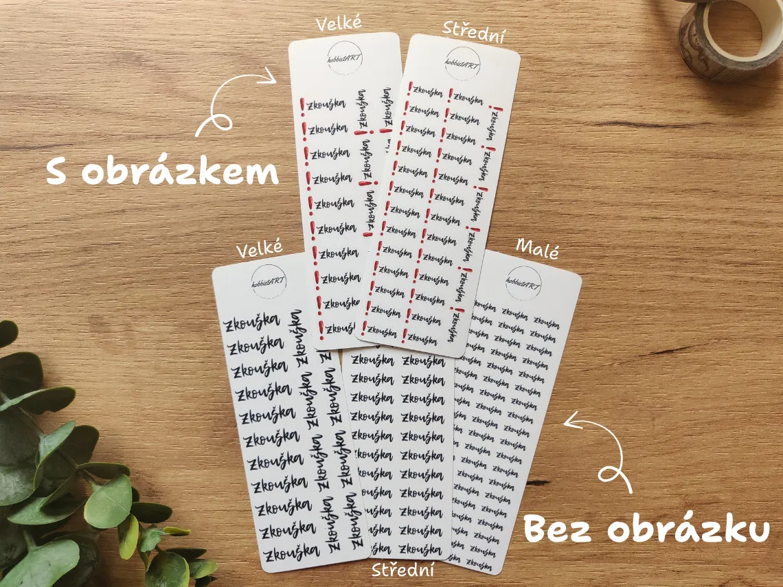 Přehled plánovacích samolepek do diáře. Velké a střední s obrázkem. Velké, střední a malé bez obrázku. Všechno s nápisem zkouška.